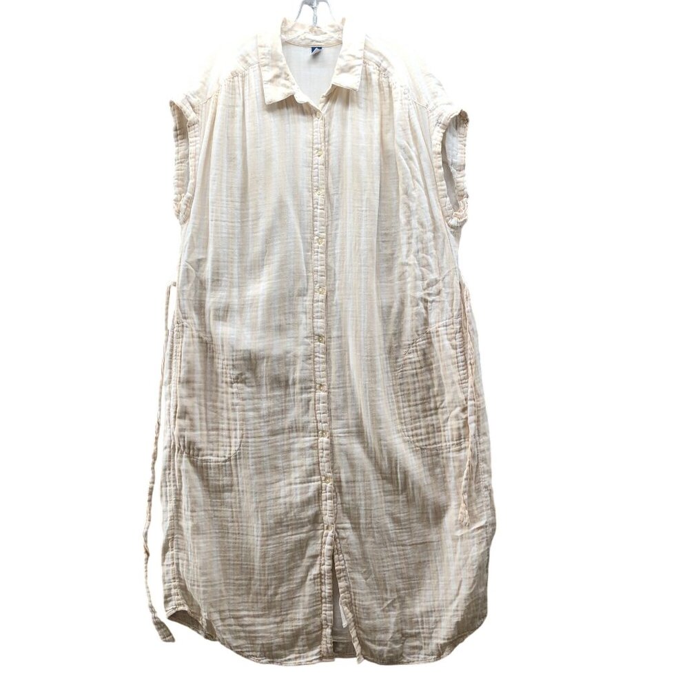 Old Navy Short Sleeve Shirt Dress XL Tie‎ Waist Beige White Striped Soft Gauze